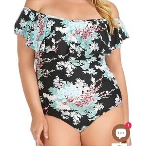 Raisins Curve Trendy Plus Size Tortuga One-Piece Black Floral Size 16w